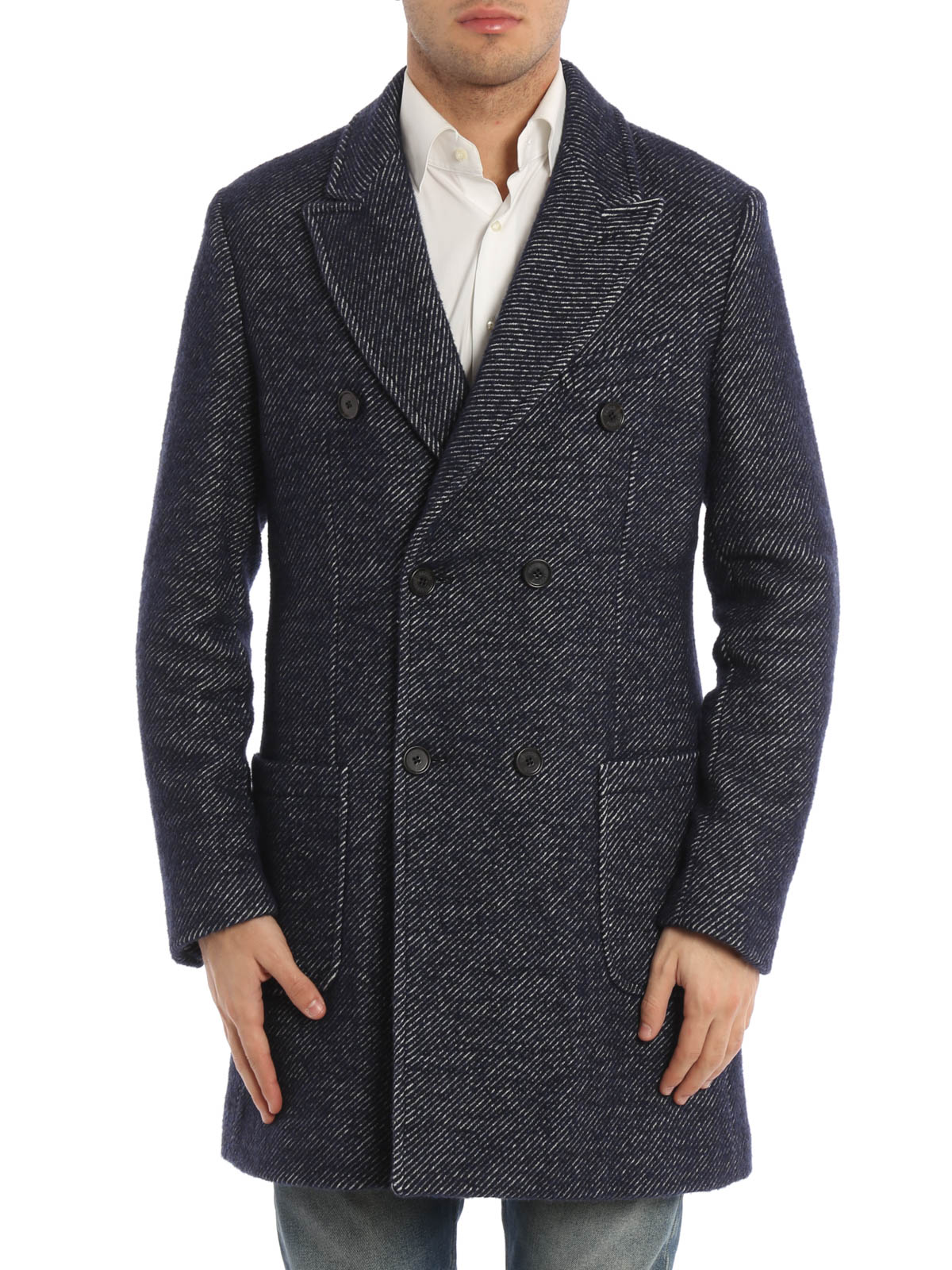 Short coats Paolo Fiorillo - Jacquard wool double-breasted coat ...