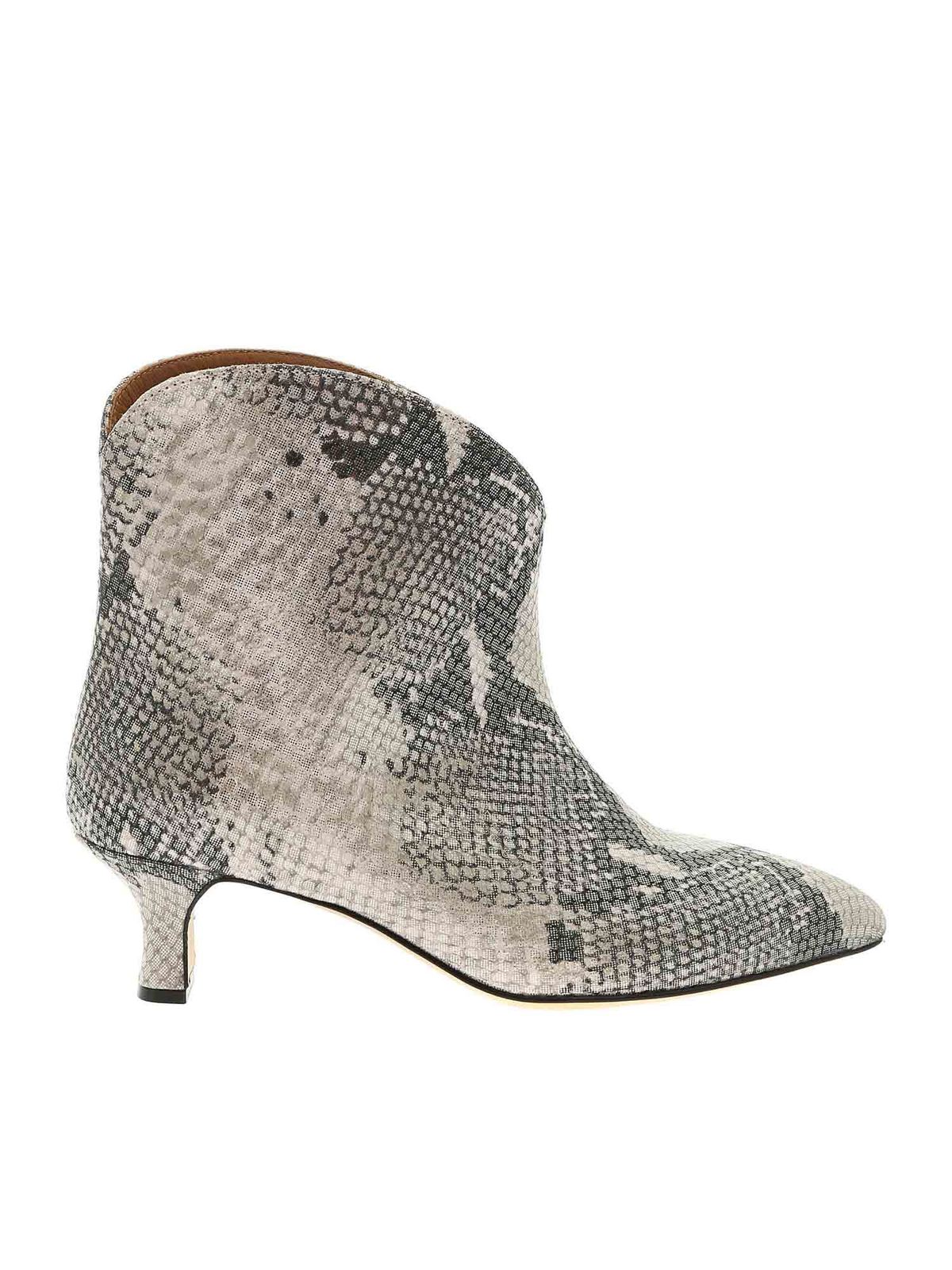 PARIS TEXAS REPTILE PRINT ANKLE BOOTS IN GREY AND BLACK