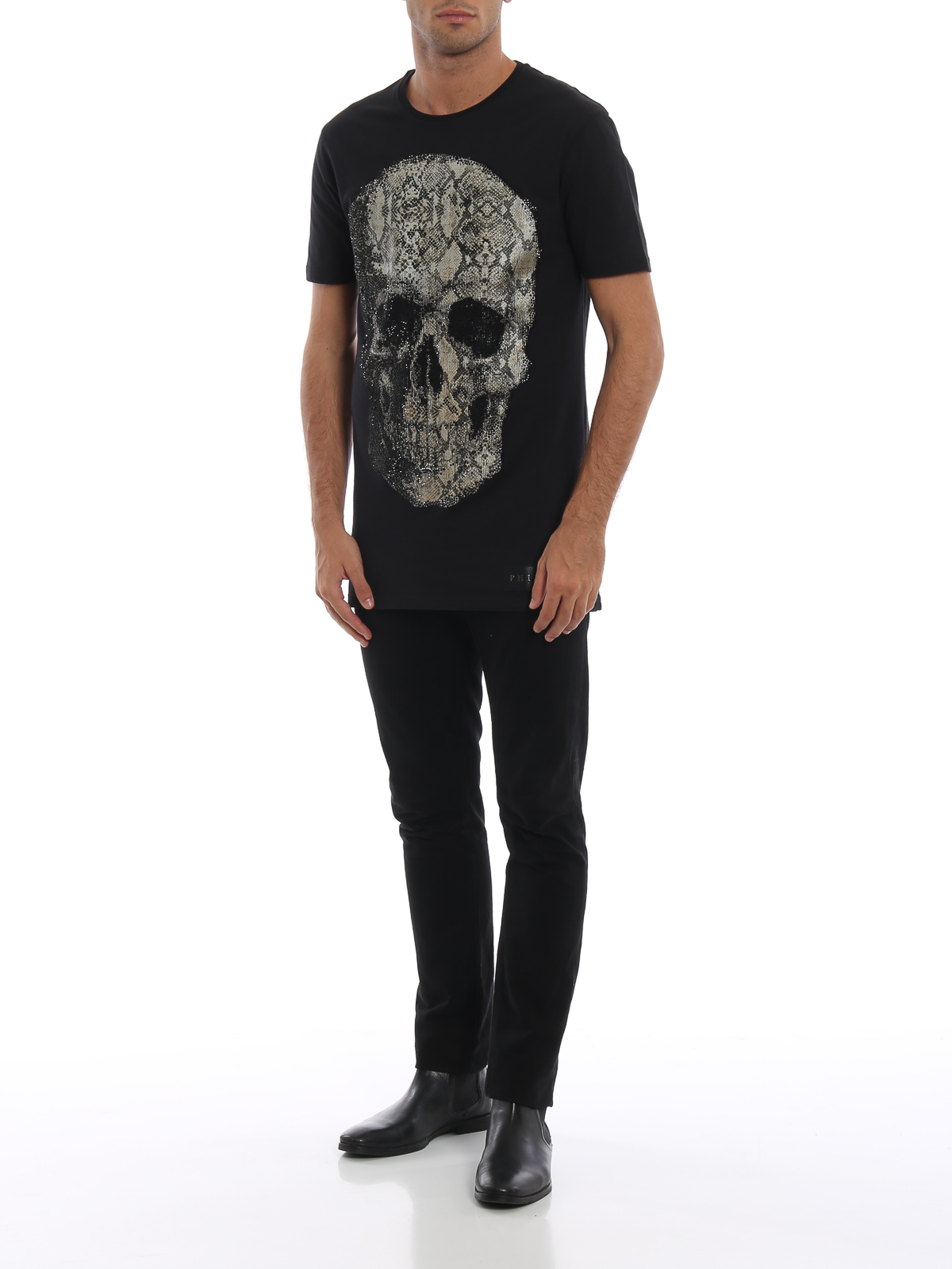 religie lunch Fauteuil T-shirts Philipp Plein - Black Cut-Python skull embellished T-shirt -  MTK2492PJY002N02