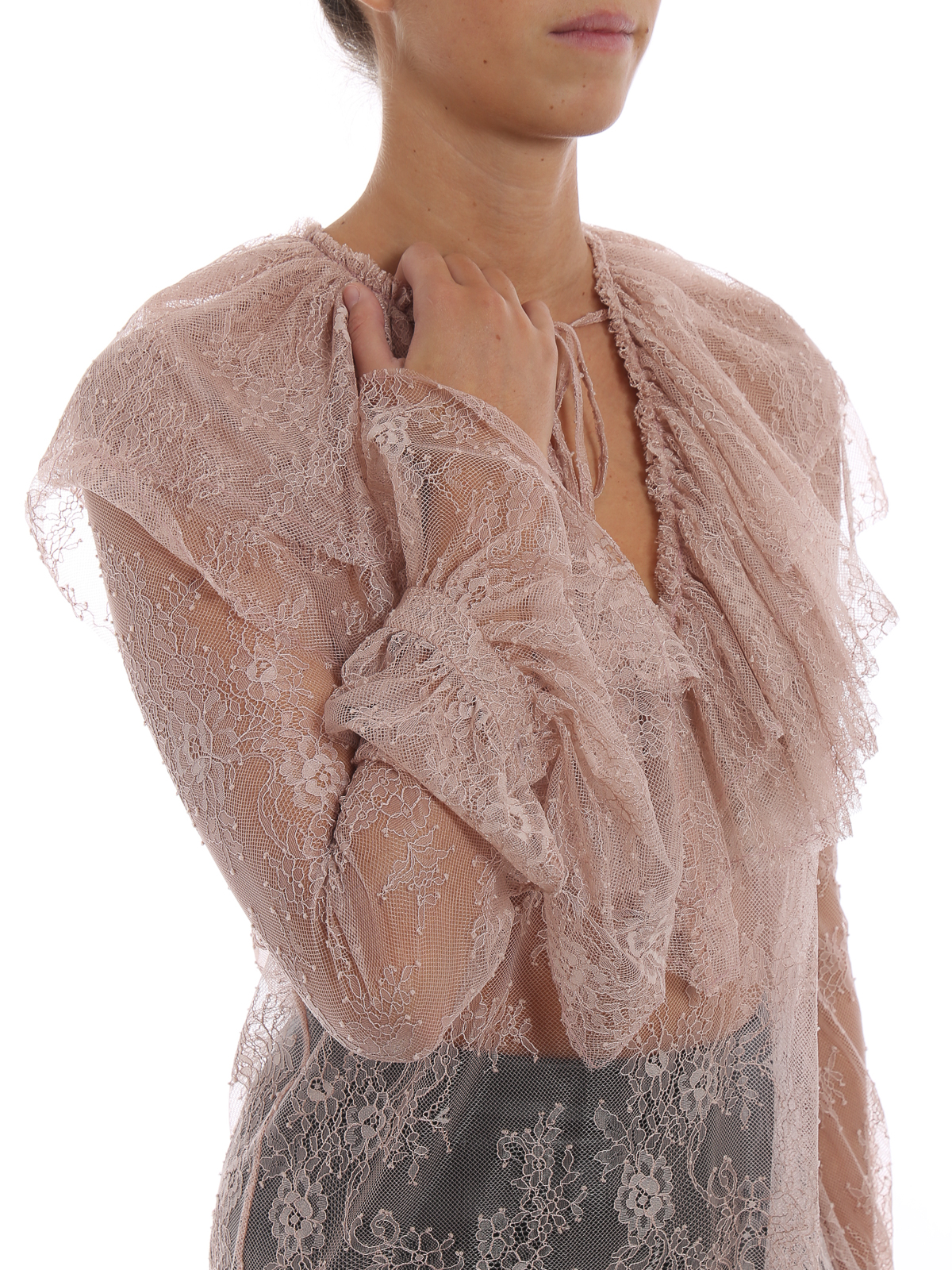 Philosophy Di Lorenzo Serafini Lace Ruffled Blouse With Bell Cuff Sleeves in Pink Womens Clothing Tops Blouses 