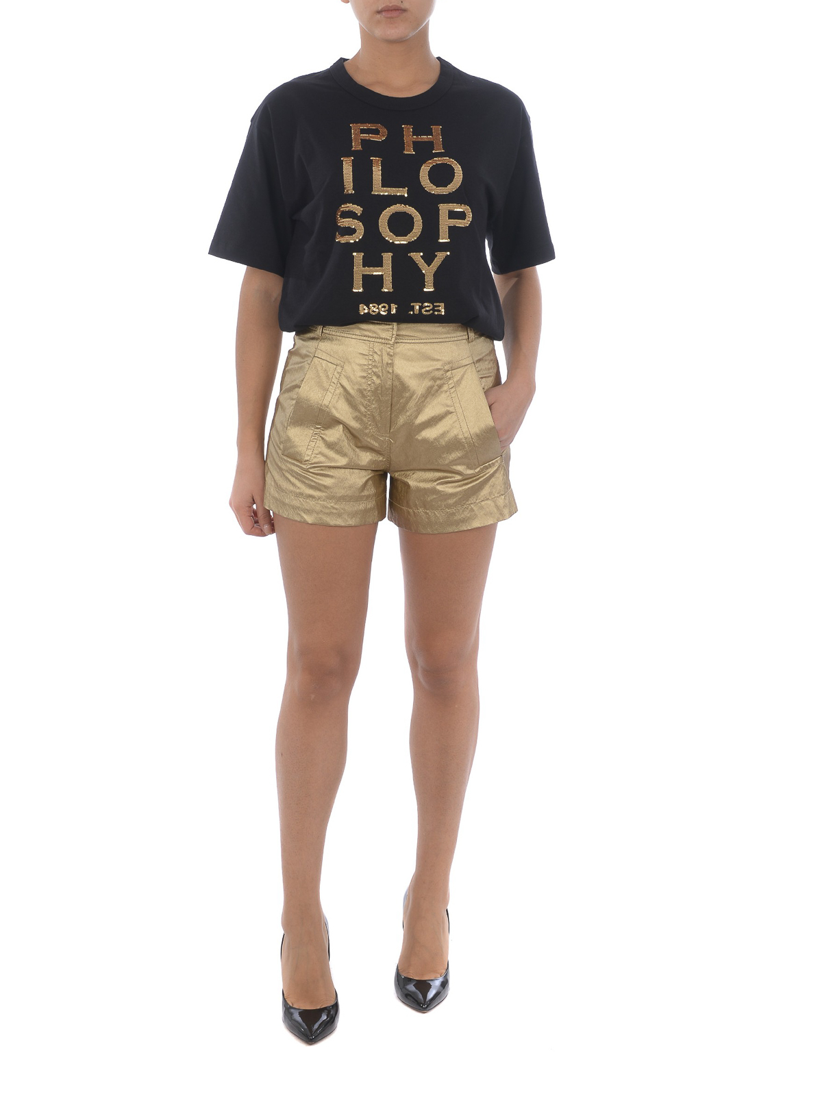 Pantaloni shorts Philosophy di Lorenzo Serafini - Shorts in ecopelle dorati  - 326741606