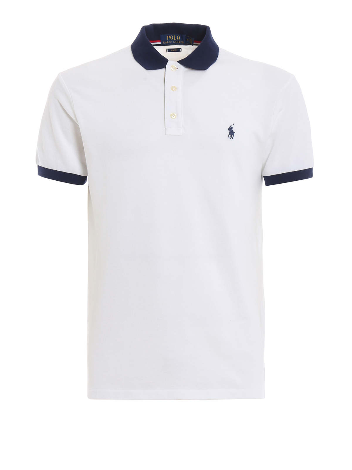 Pique Cotton Polo Shirt With Blue Inserts In White
