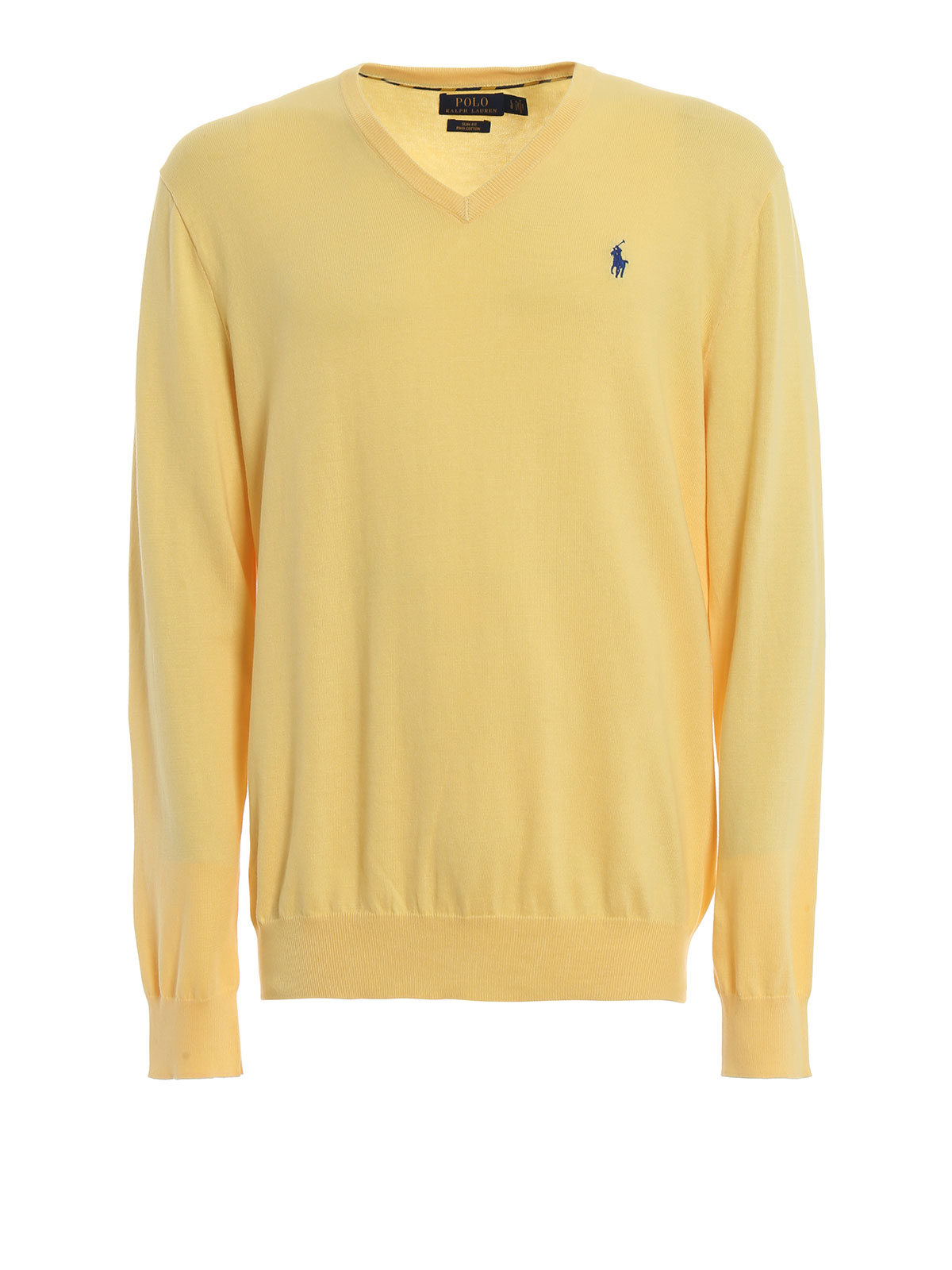 Slim fit yellow cotton V-neck sweater 