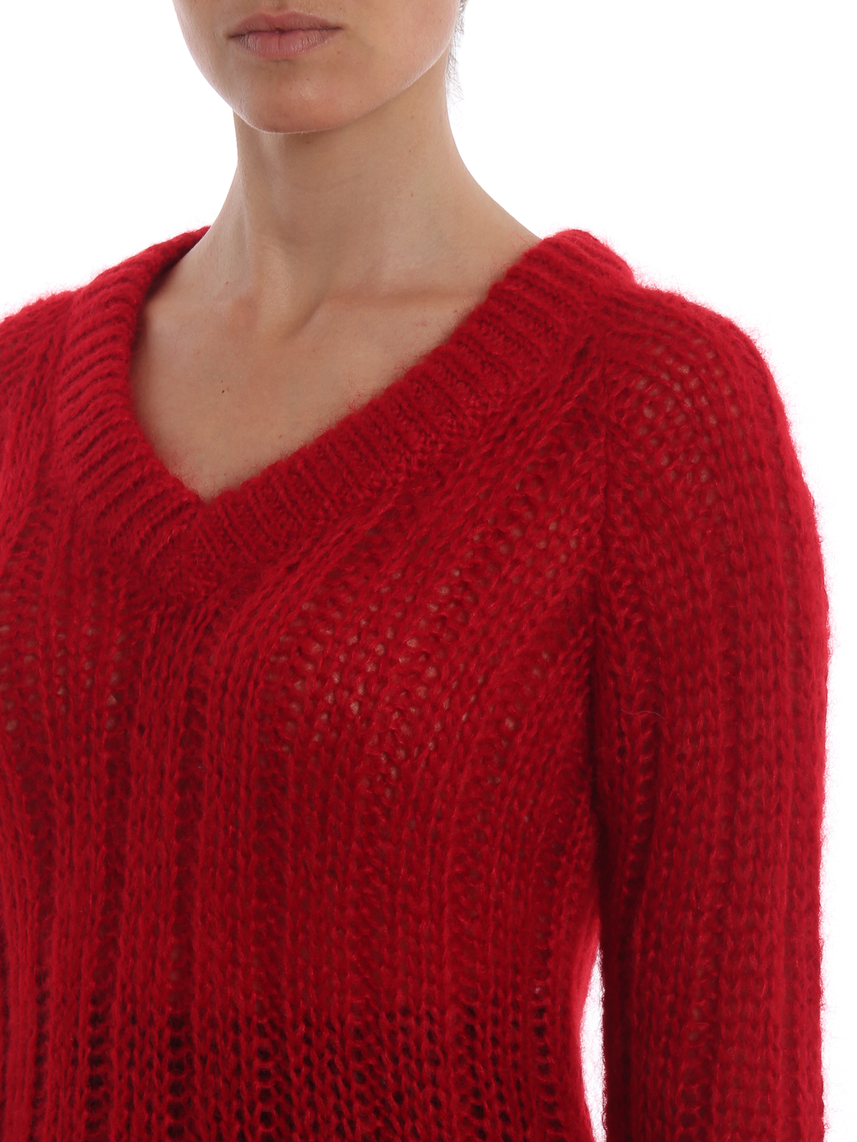 V necks Prada - Red ribbed mohair and wool V neck sweater - P24S0T1UZ0011