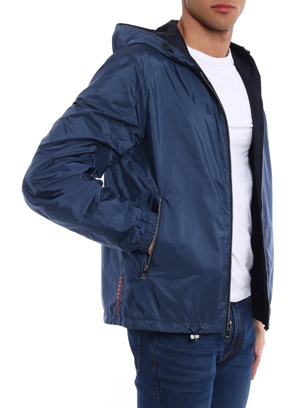 Reversible dark blue hooded jacket 