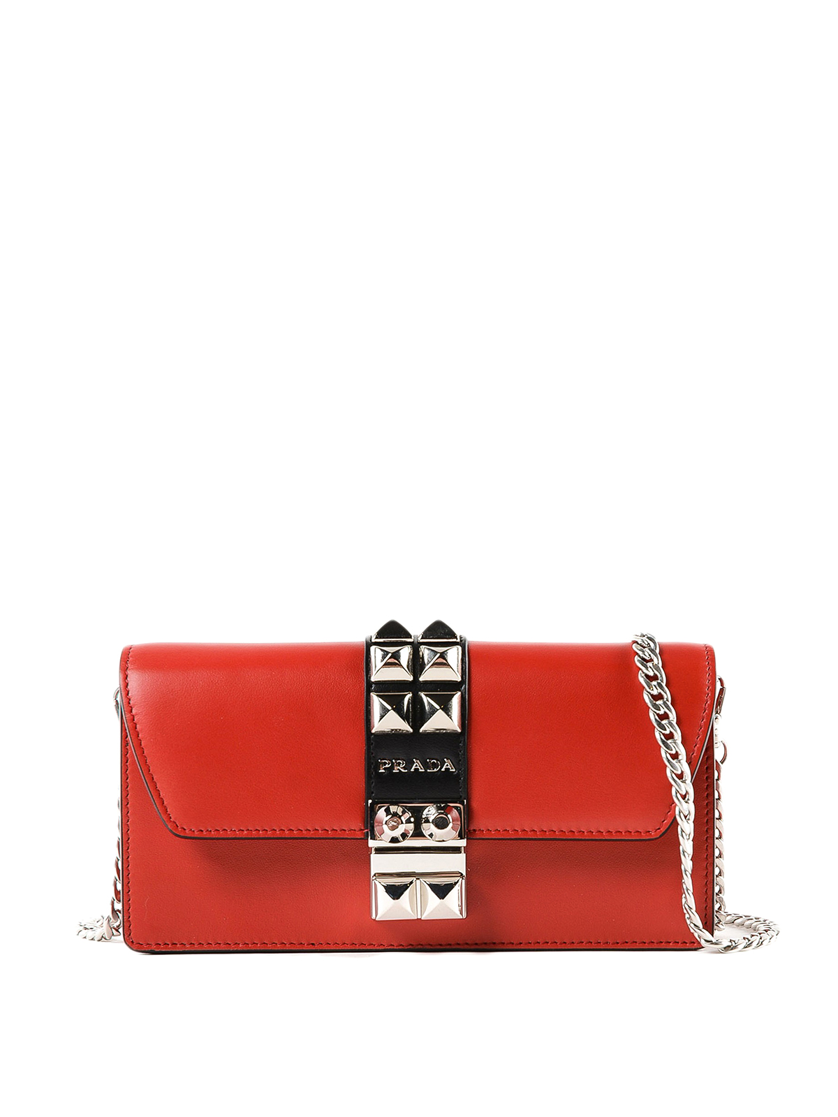 Studded leather clutch with chain strap 