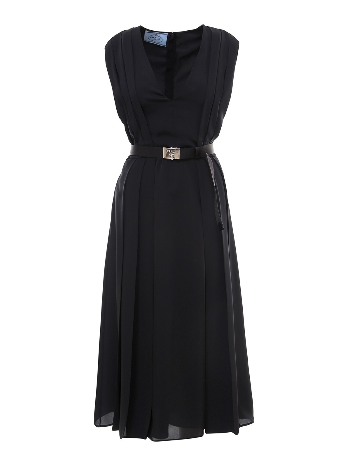 Prada - Belted pleated midi dress - knee length dresses - P3D12H1WHIF0002