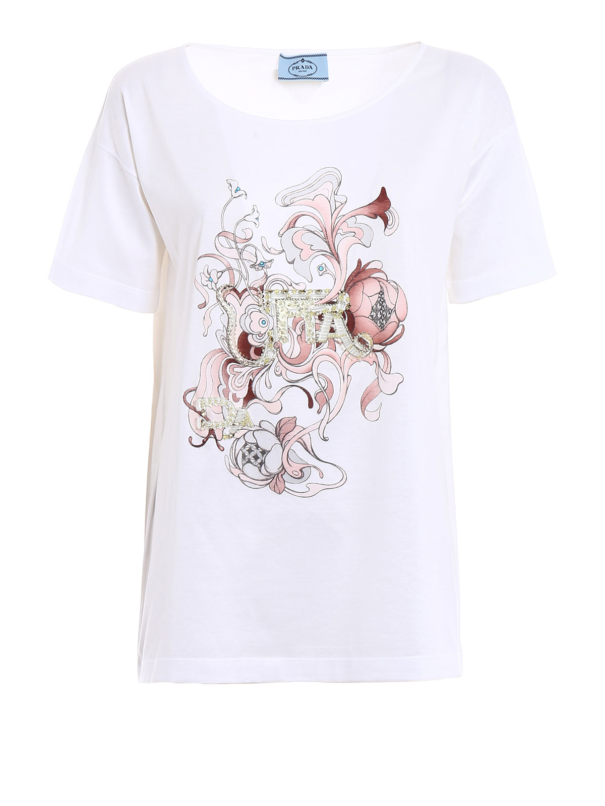 Embellished peony print T-shirt by Prada - t-shirts | iKRIX