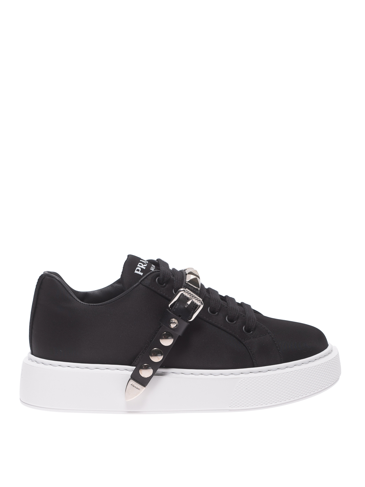 Prada Studded Strap Gabardine Sneakers In Black | ModeSens