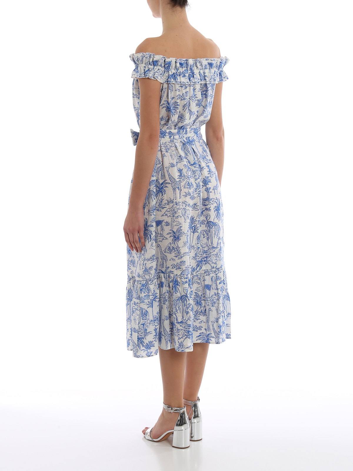 Knee length dresses Tory Burch - Printed linen ruffle midi dress - 57123415