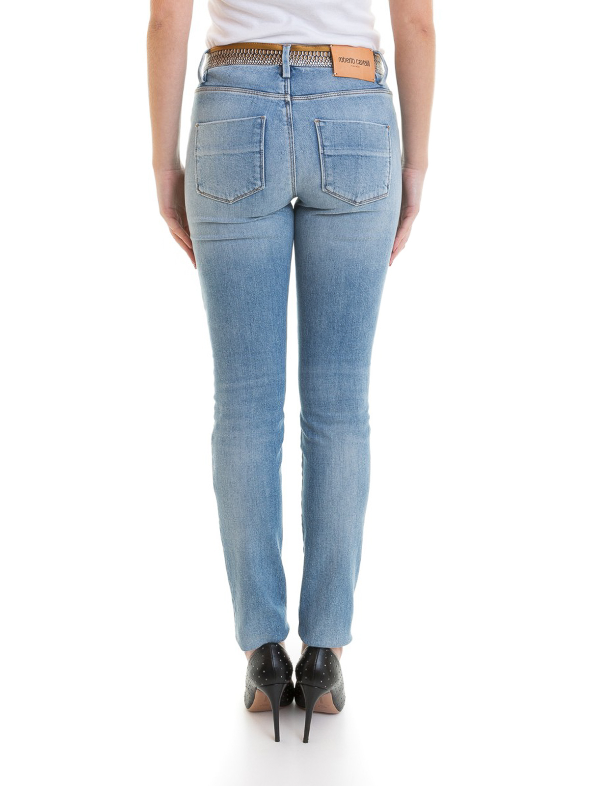 Python print silk belt slim denim jeans 