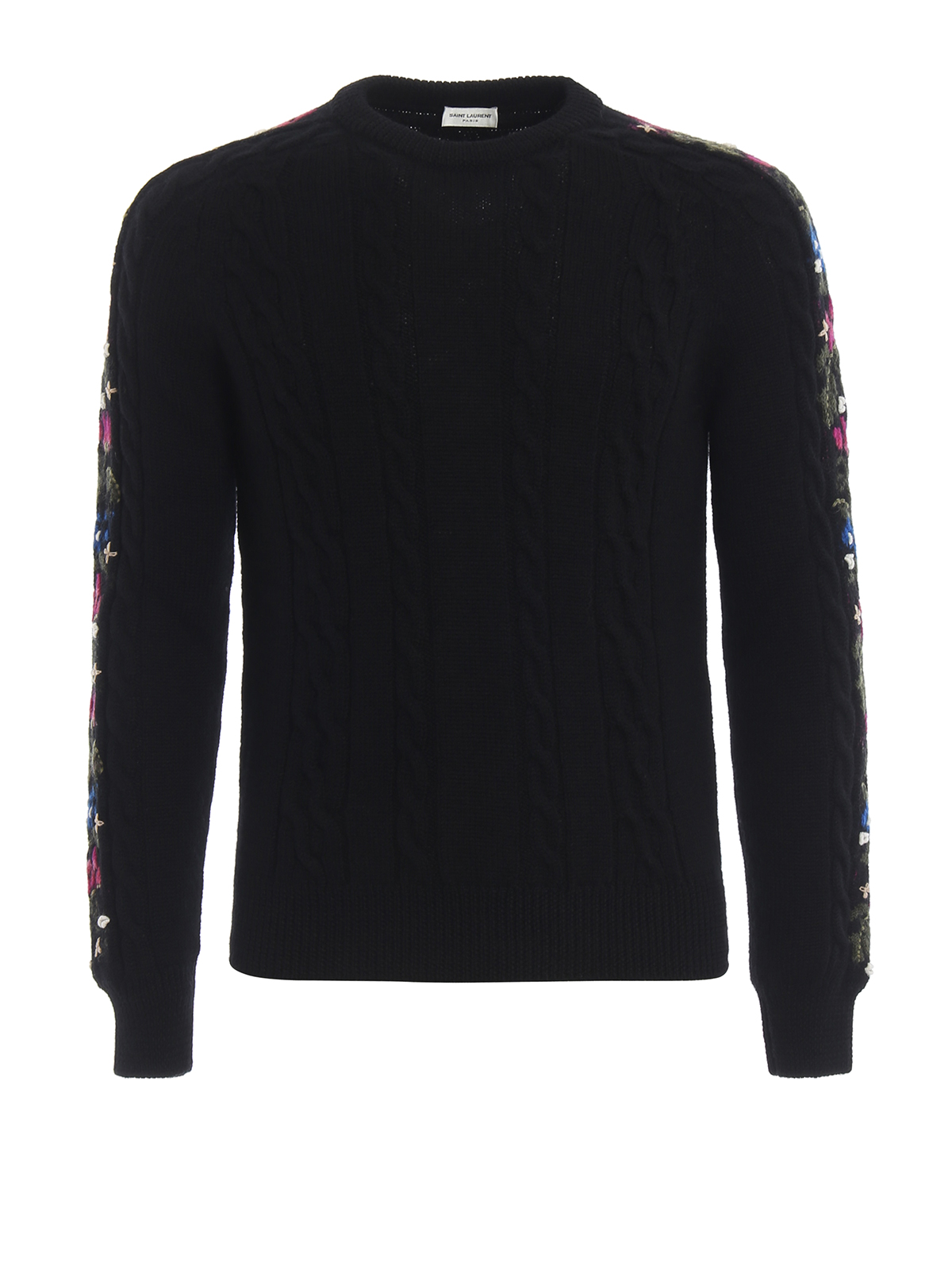 Crew necks Saint Laurent - Cable knit wool sweater with flower intarsia ...