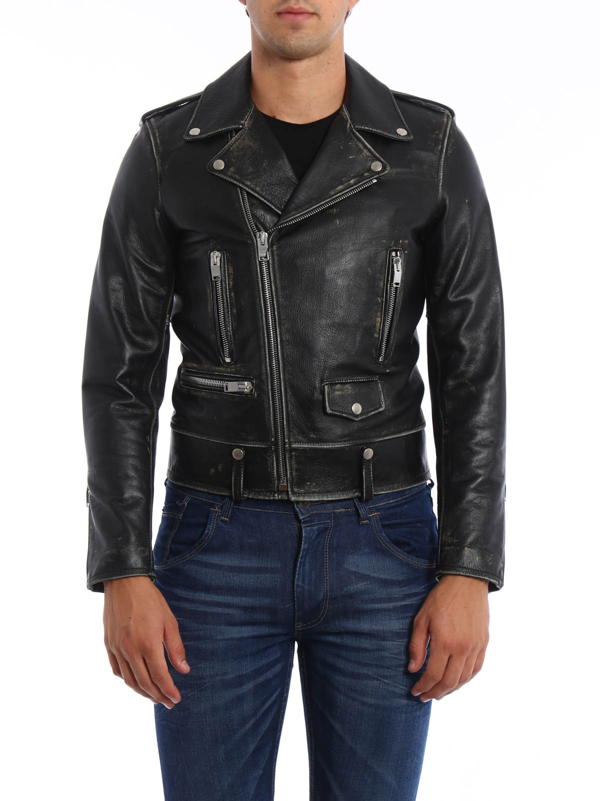 Leather jacket Saint Laurent - Used-effect leather biker jacket ...