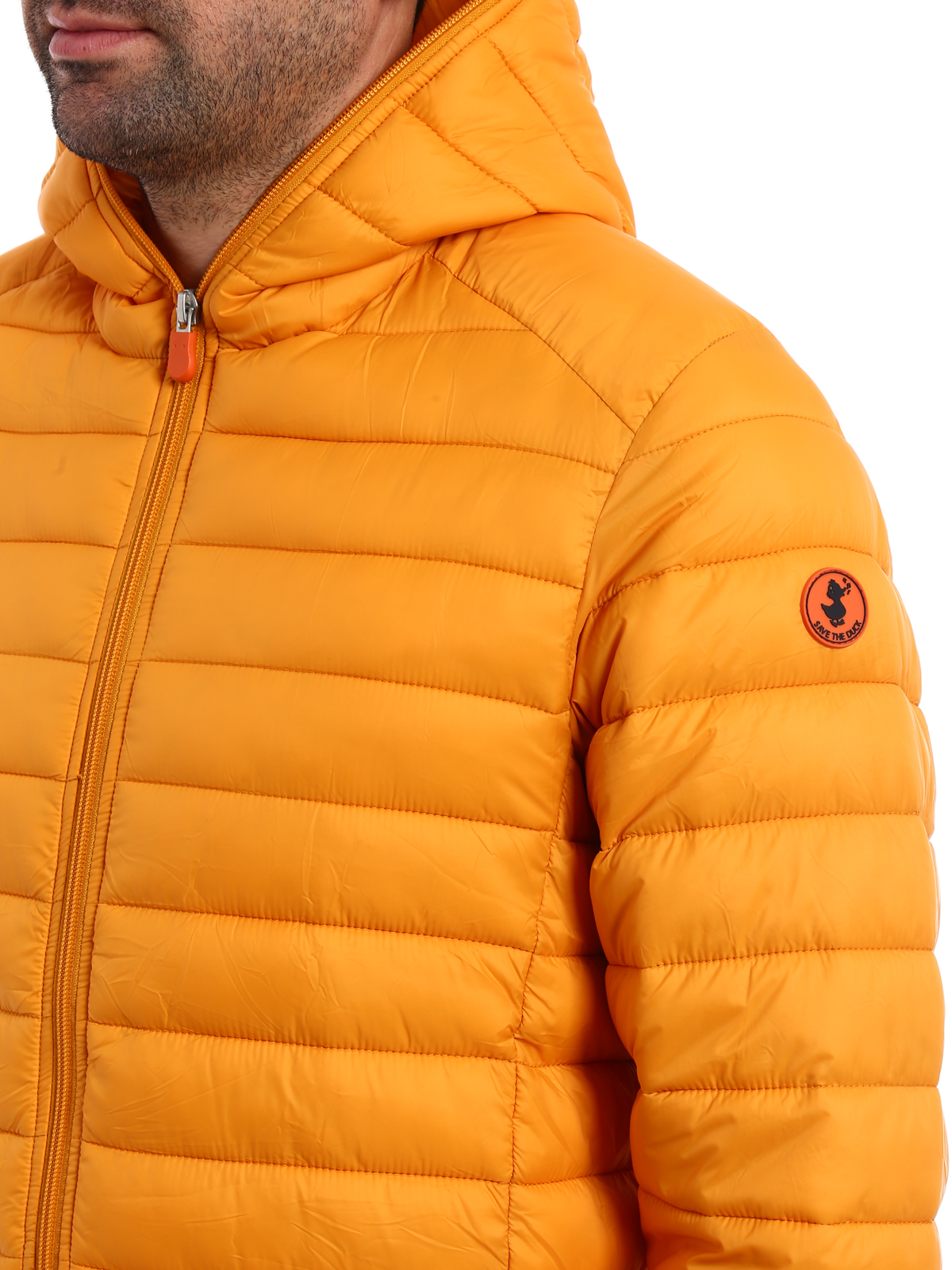 orange hooded puffer jacket