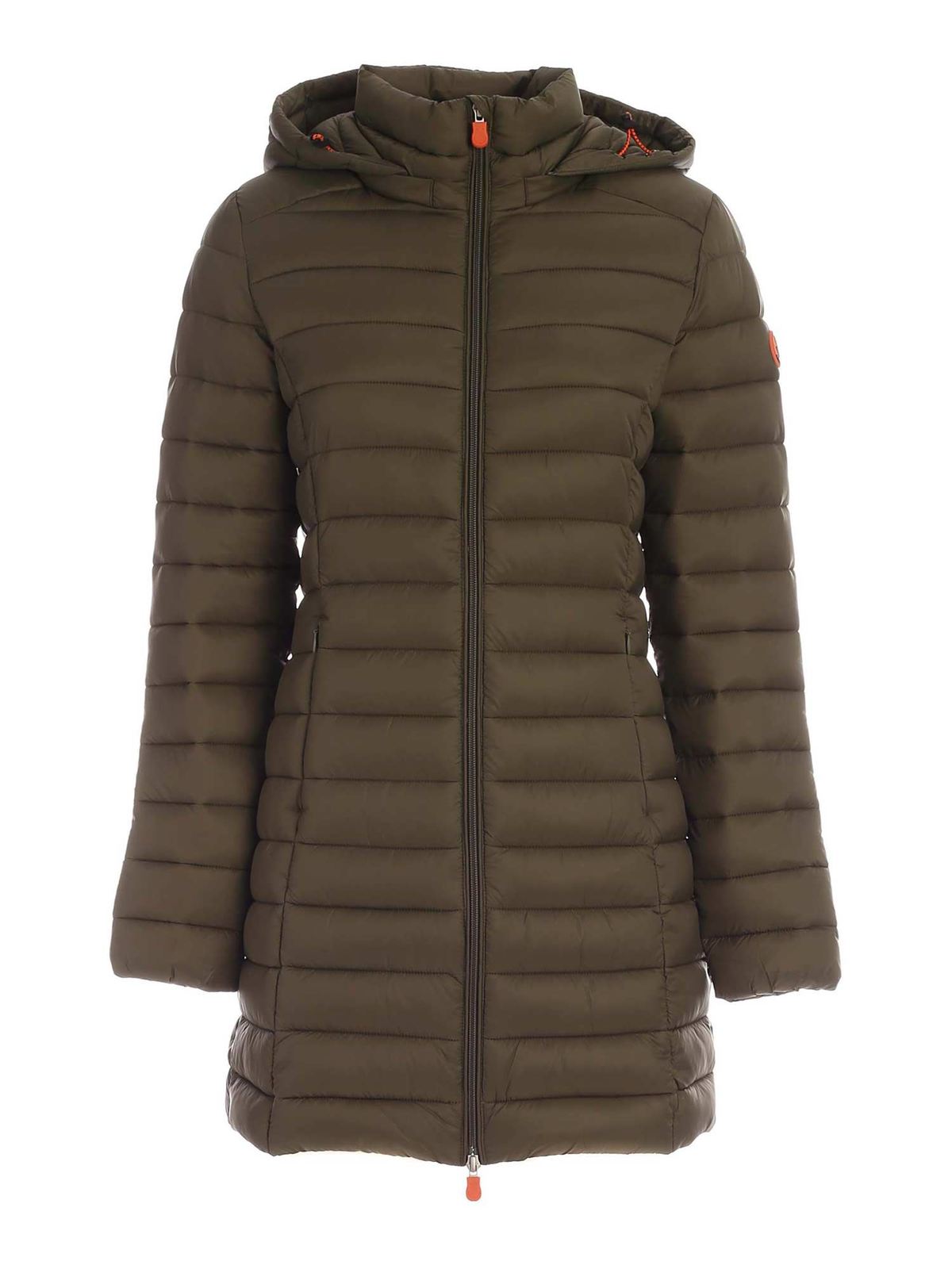 Save The Duck WAISTED LONG DOWN JACKET IN GREEN