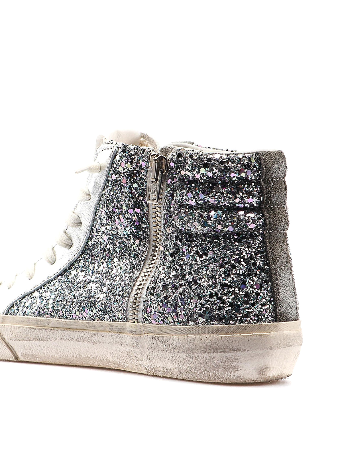 golden goose slide sneakers in silver laminated leather and glitter