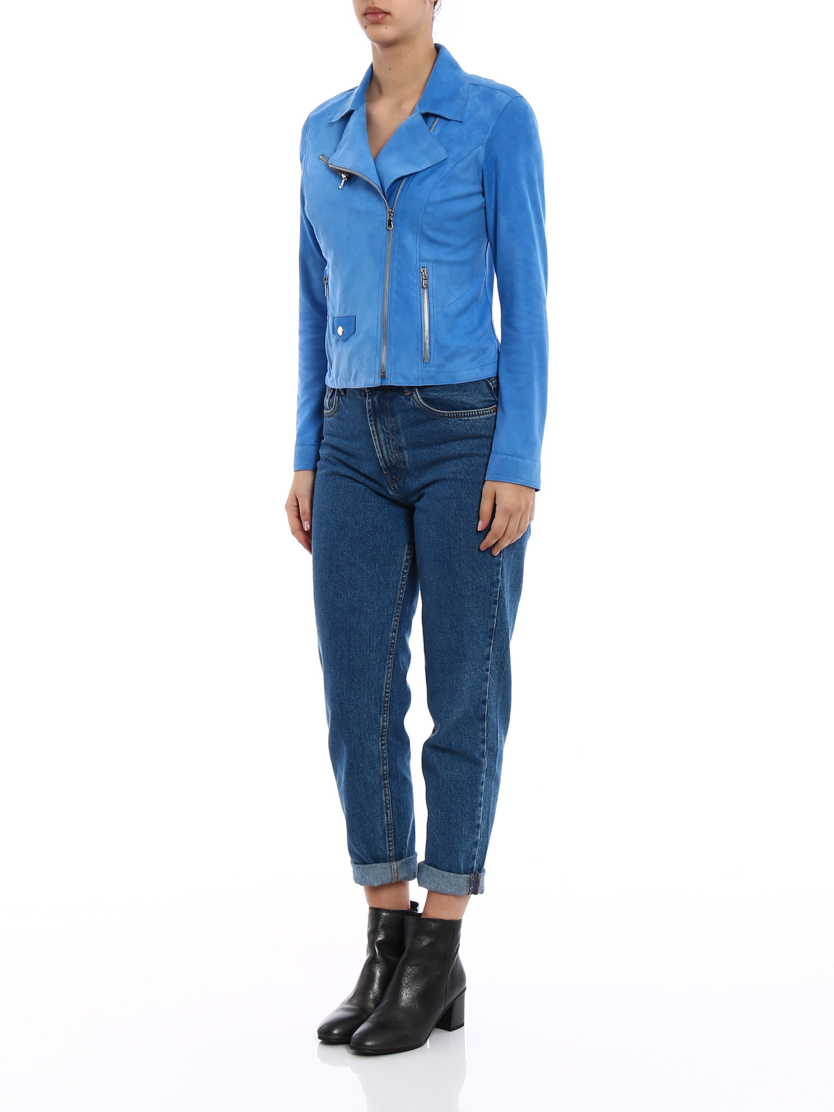 blue suede biker jacket