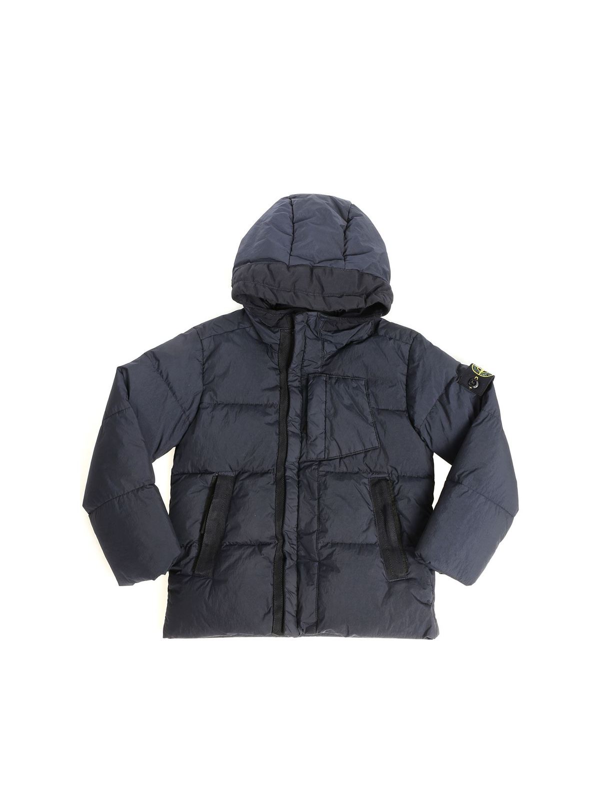 STONE ISLAND JUNIOR BLUE QUILTED DOWN JACKET WITH LOGO