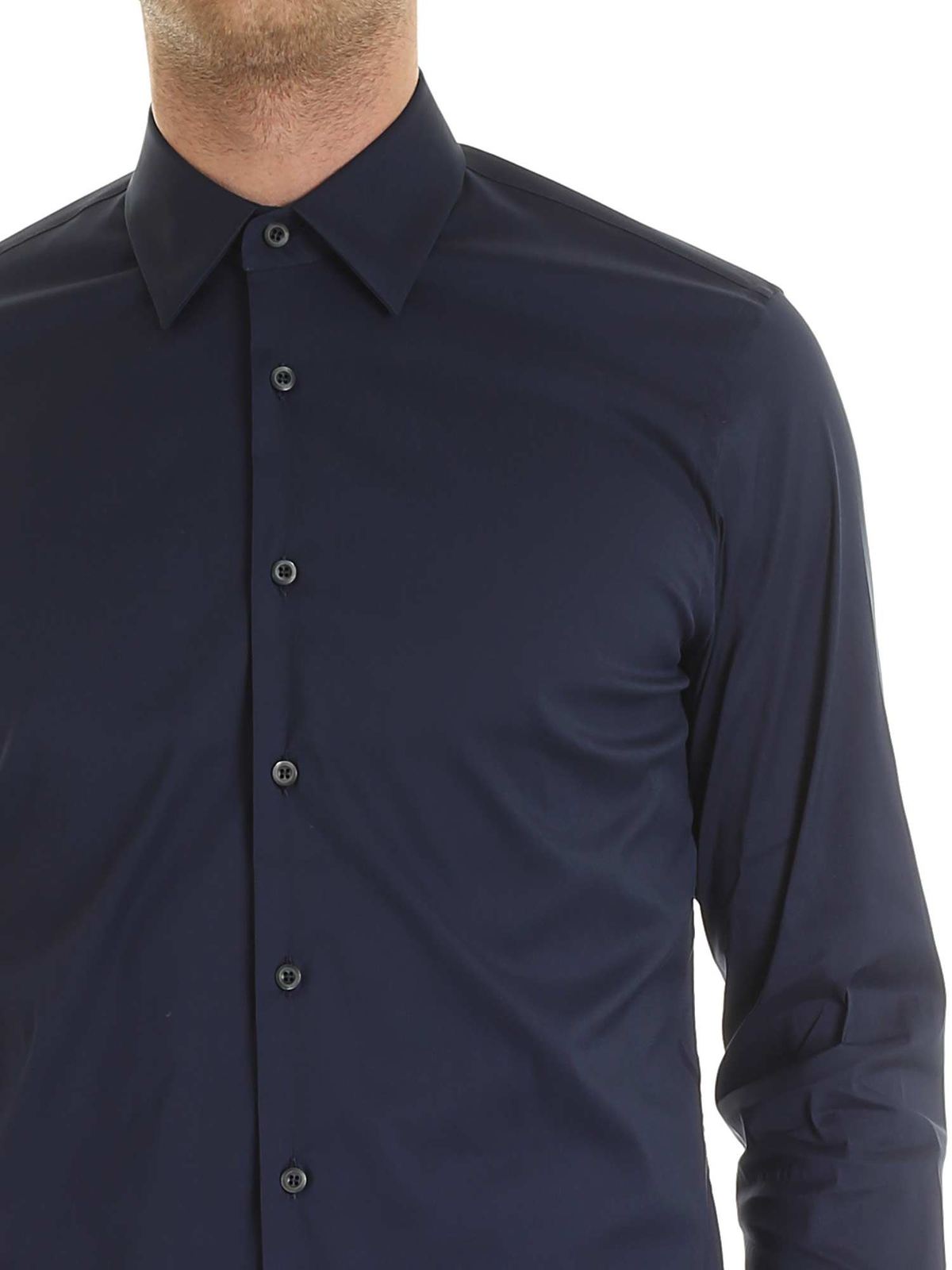 Shirts Prada - Stretch poplin shirt in dark blue - UCM608F62F0GX3