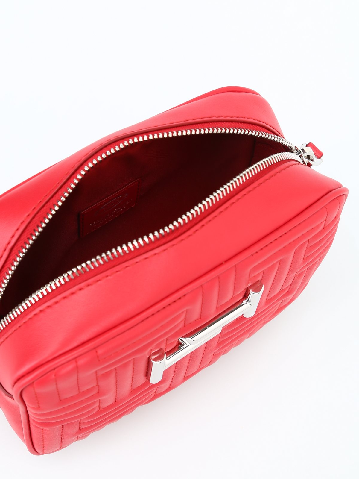 red leather camera bag