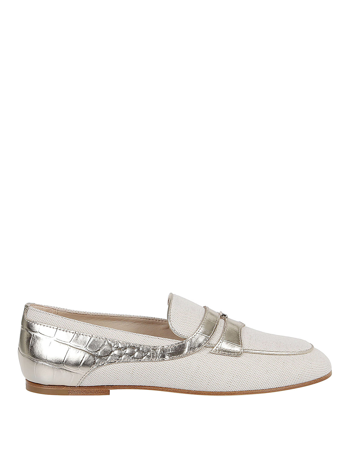 TOD'S CANVAS AND METALLIC LEATHER LOAFERS