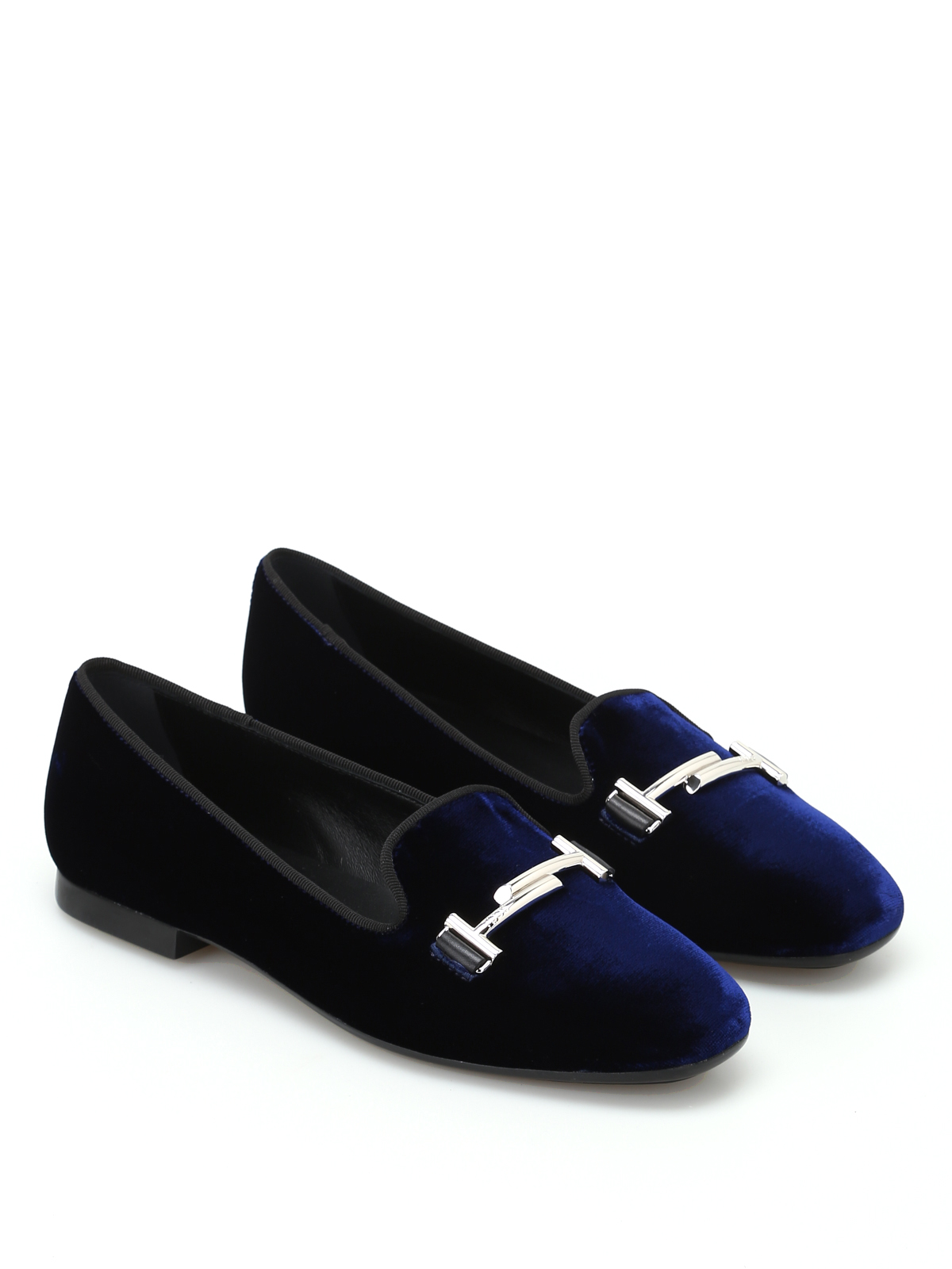 Double T dark blue velvet slippers 