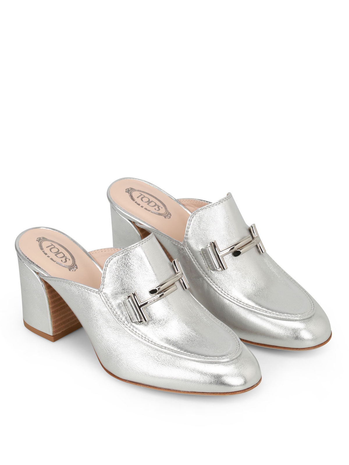 heeled silver mules - mules shoes 