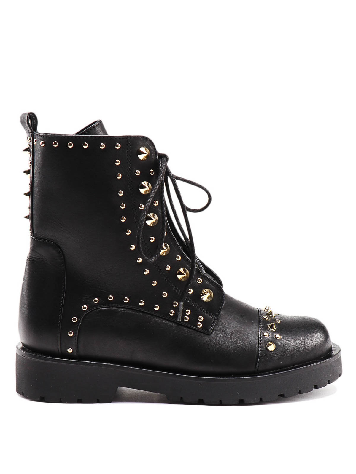 Twinset Stud Detailed Leather Combat Boots In Black