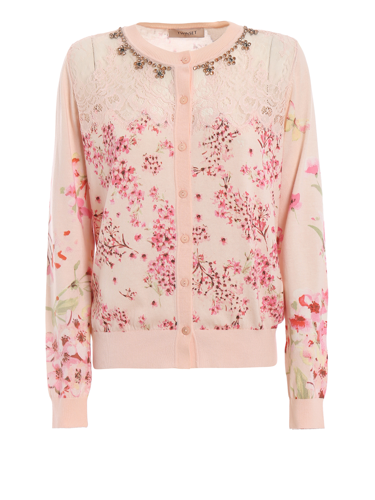 Cardigans Twinset - Rhinestone floral cardigan with lace inserts ...