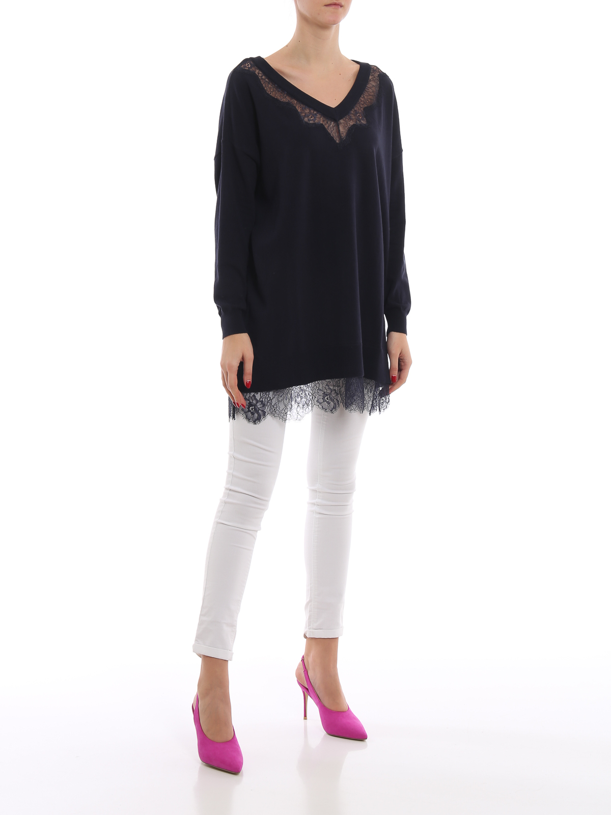 Maglia collo a v Twinset - Maxi pull blu in misto cotone con pizzo -  191TP3039152