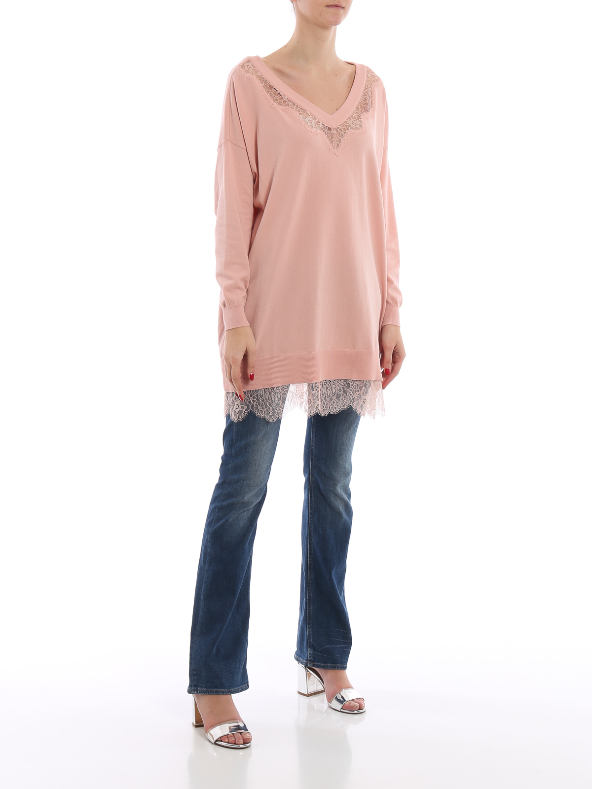 Maglia collo a v Twinset - Maxi pull rosa in misto cotone con pizzo -  191TP3039123