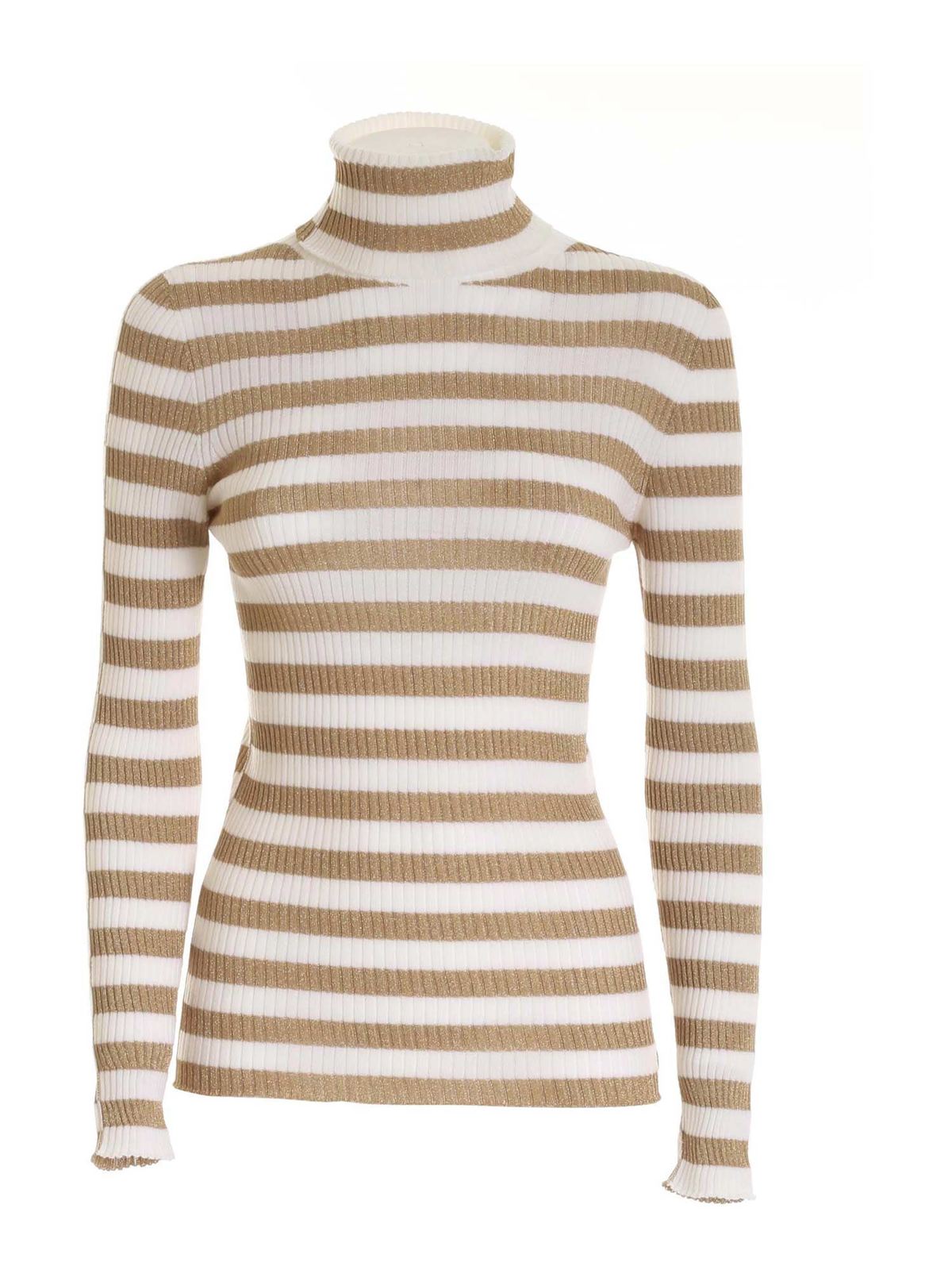 Twinset - Striped turtleneck in cream and gold color - Turtlenecks ...