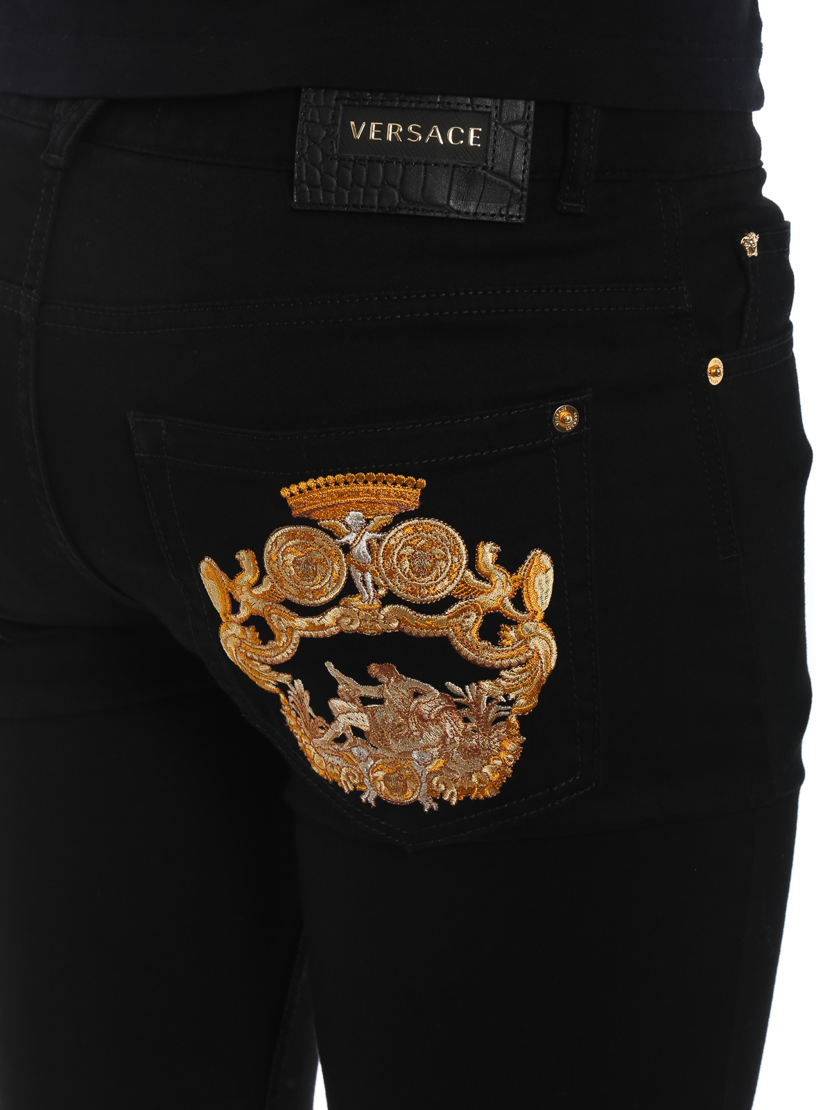 Baroque embroidery black denim jeans 