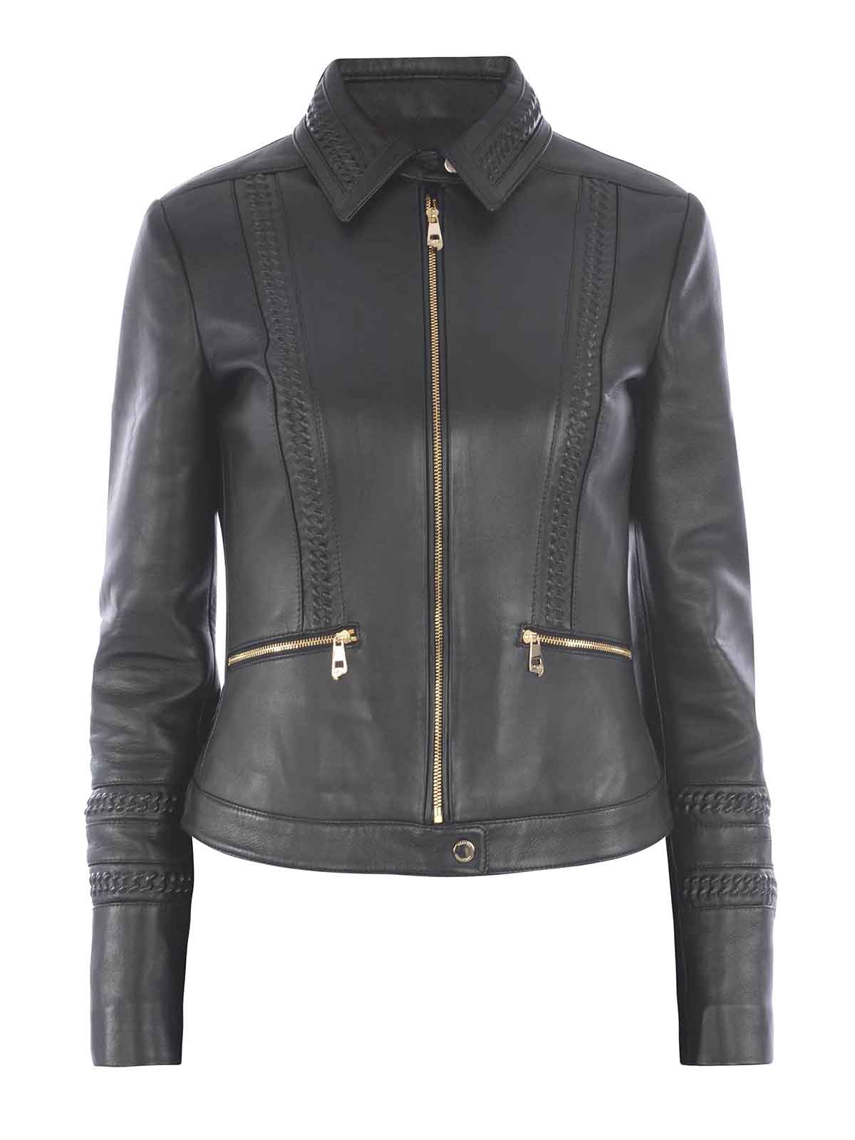 Leather jacket Versace Collection - Braided detailed leather jacket ...