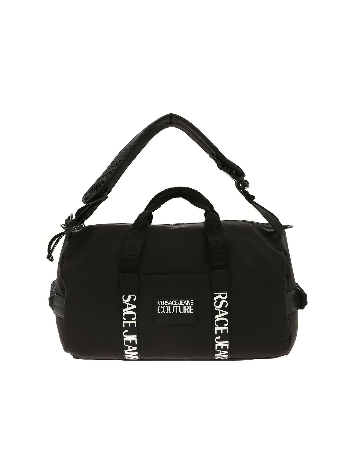 VERSACE JEANS COUTURE RUBBER LOGO TAG DUFFLE BAG IN BLACK