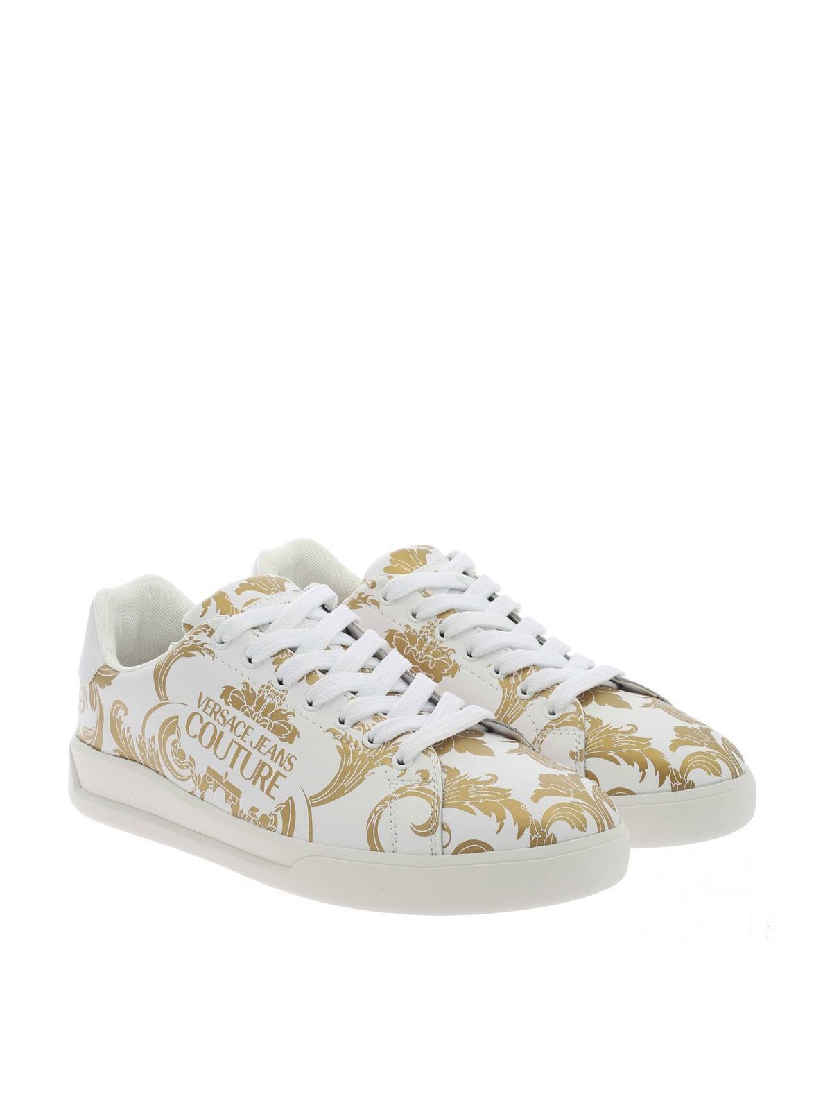 Women's Shoes Sneakers VERSACE JEANS White Coated Print Logo Gold New 