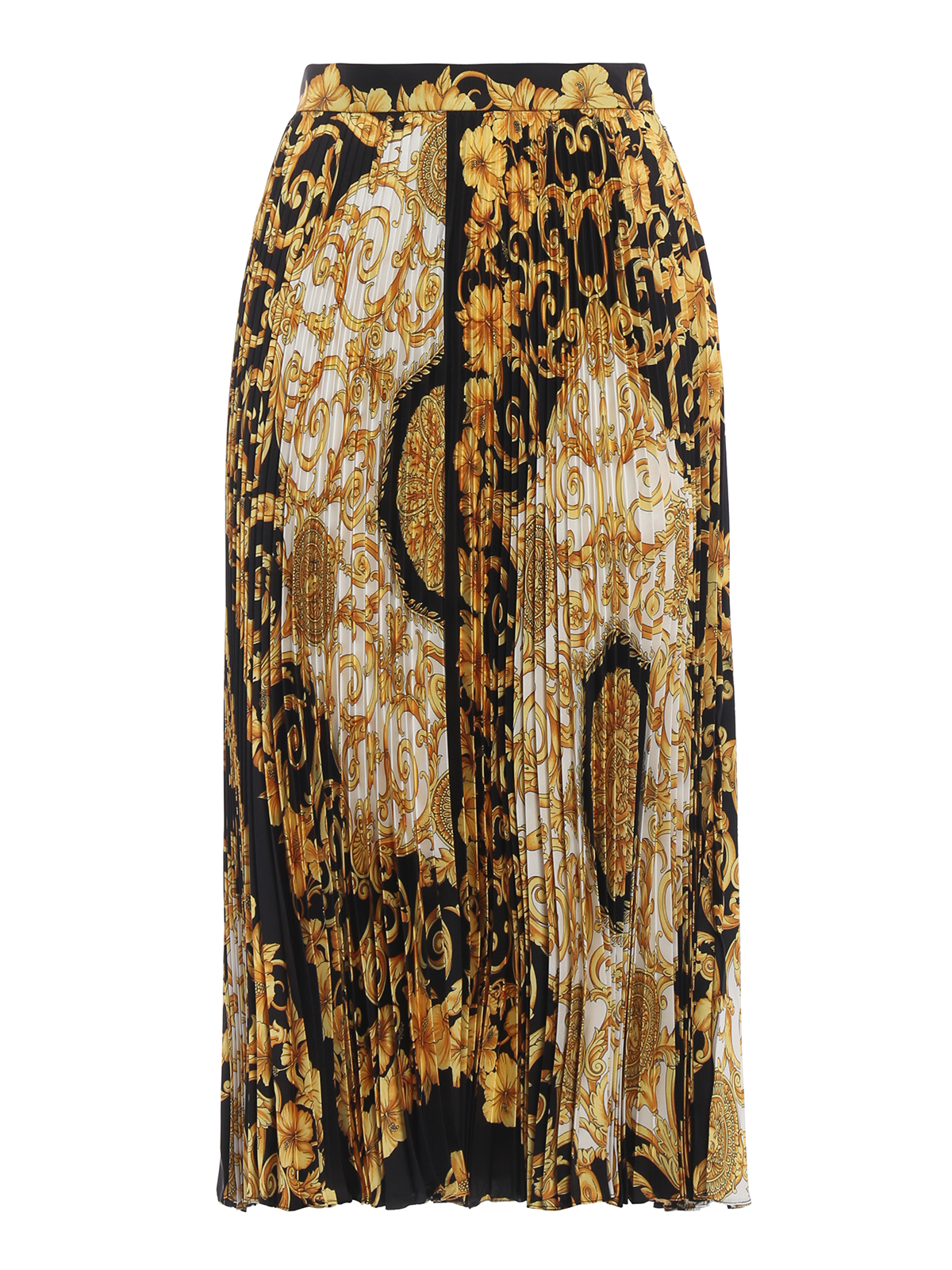 Knee length skirts & Midi Versace - Gold Hibiscus print silk pleated ...