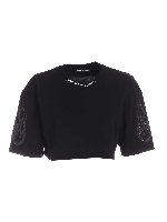 T-shirt crop fit nera con fiamma glitter