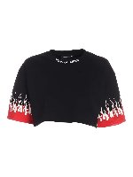 T-shirt crop fit nera con fiamma