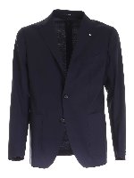 Abito in lana vergine blu con spilla logo