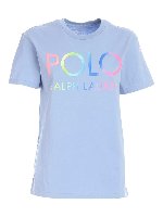 T-shirt azzurra con logo multicolor