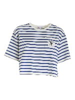 T-shirt crop bianca e blu a righe