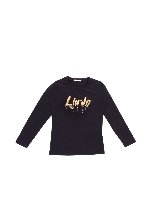 T-shirt blu con logo e strass