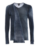 T-shirt a V blu scuro in lino a taglio vivo