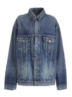 Giubbino in denim blu con ricamo logo