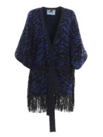 Cappa in lana jacquard con frange in pelle