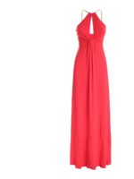 Abito rosso corallo con rifiniture in catena
