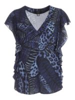 Blusa con stampa piume blu e nera