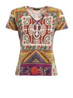 T-shirt a V in cotone con stampa multicolore