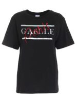 T-shirt nera con stampa logo olografica